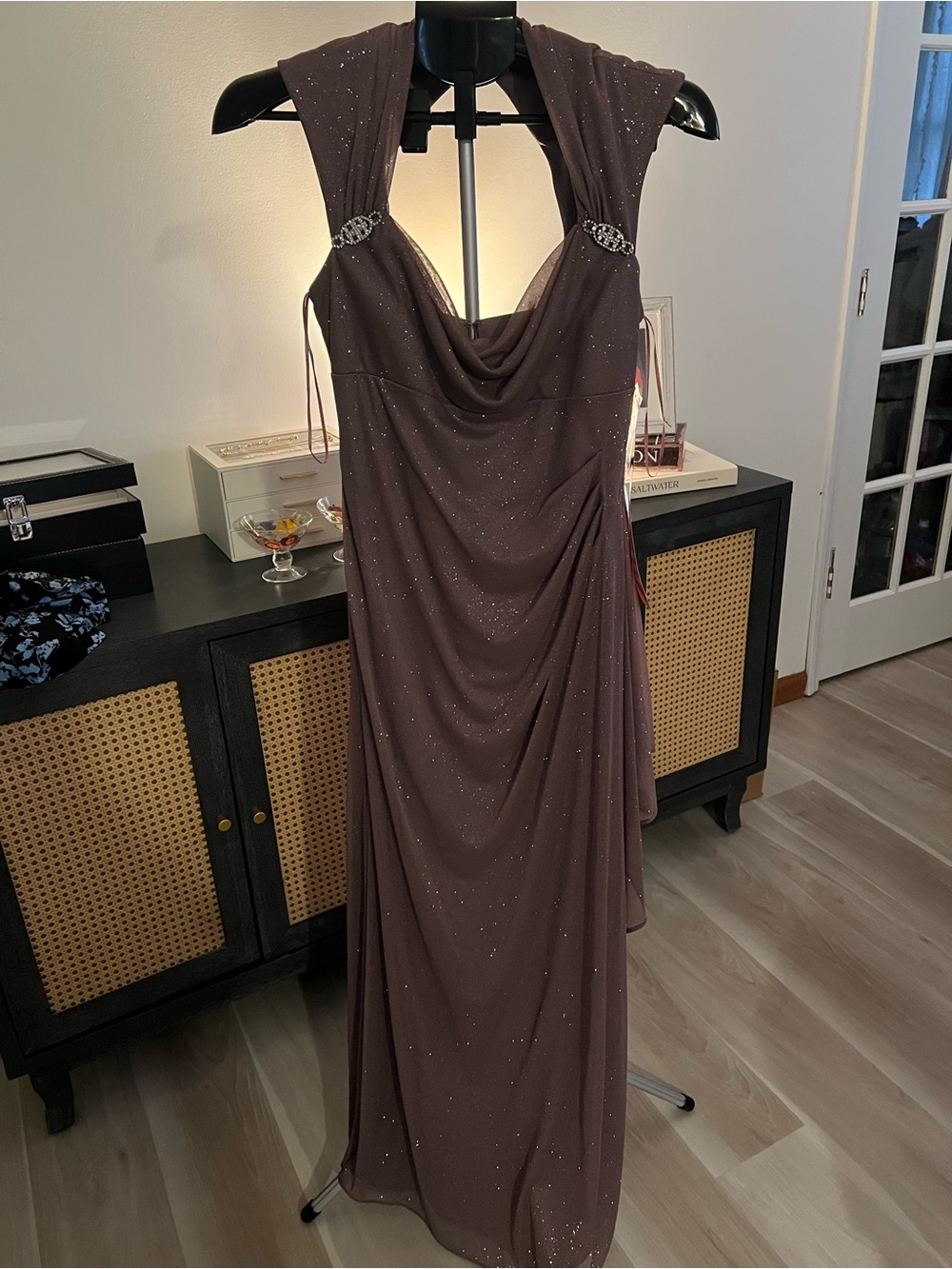 R&M Richards Sparkling Chocolate Brown Cowl Neck Evening Gown